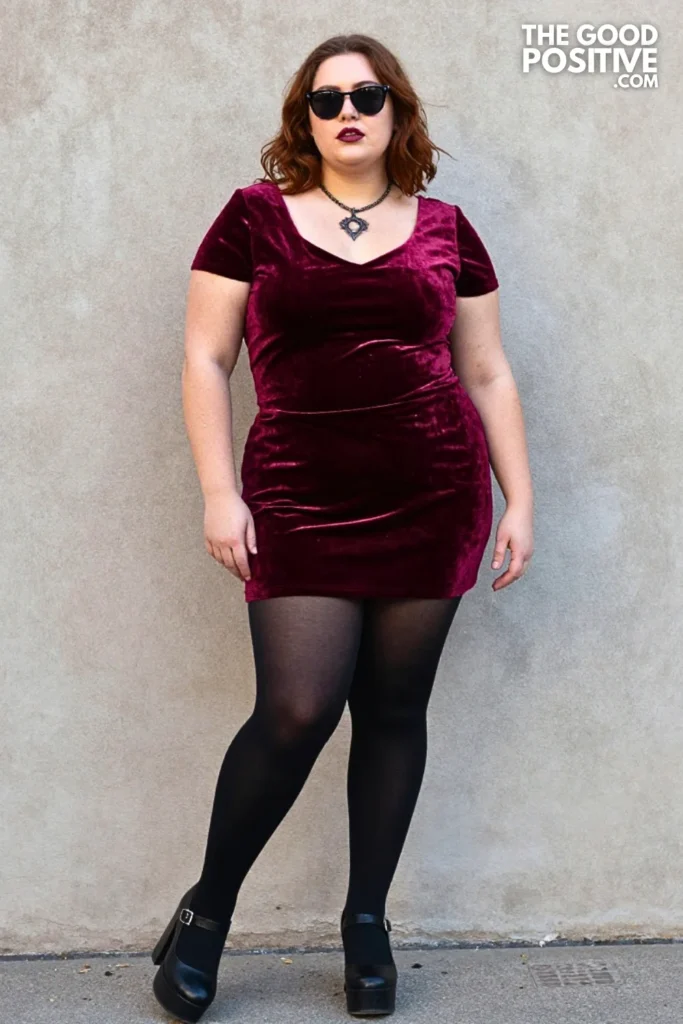 Burgundy Velvet Dress With Platform Mary Janes