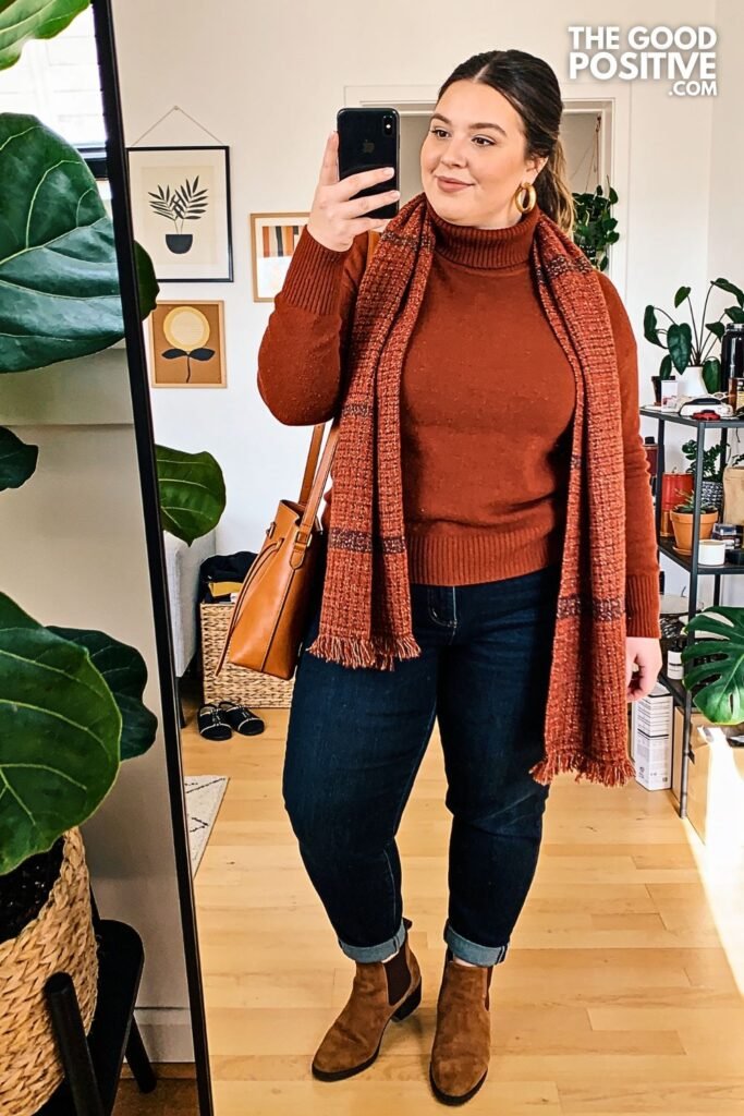 Burnt Copper Mock Neck with Dark Indigo Horseshoe Jeans