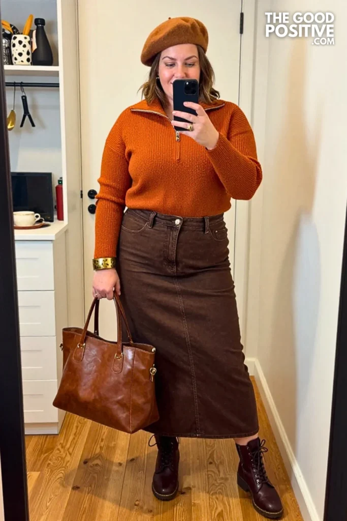 Burnt Orange Half-Zip Sweater With Espresso Maxi Denim Skirt