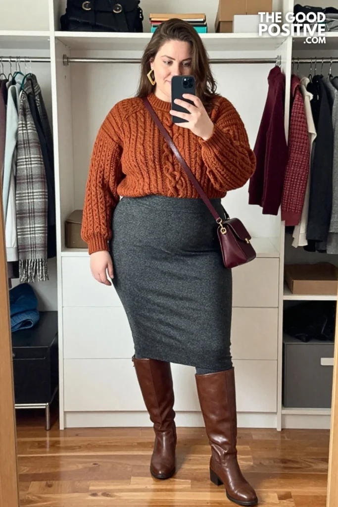 11. Burnt Sienna Cable Sweater With Graphite Bias Midi Skirt