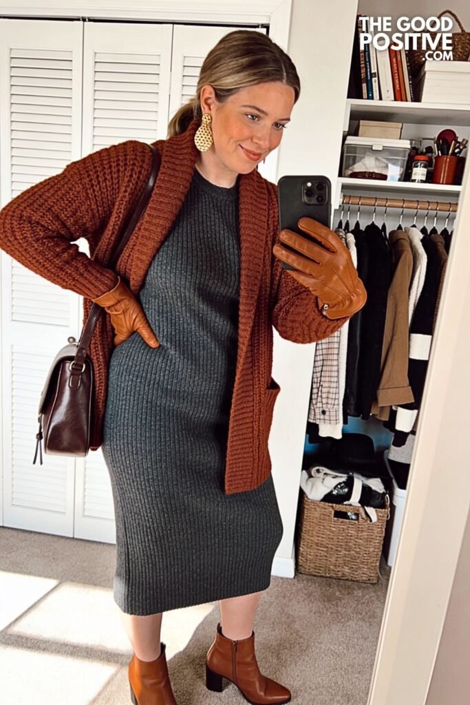 Burnt Sienna Cardigan with Charcoal Knit Midi Skirt