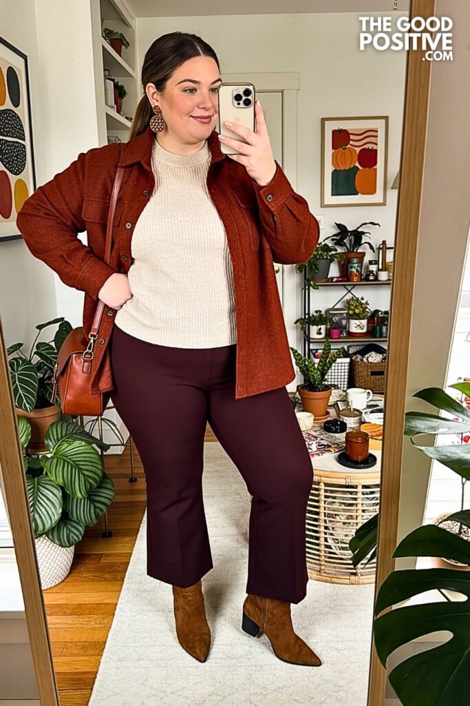 Burnt Sienna Wool Shirt Jacket with Dark Plum Ponte Flare Pants