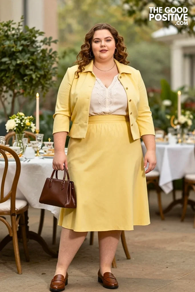 Butter Yellow Skirt Suit With Lace Collar Blouse