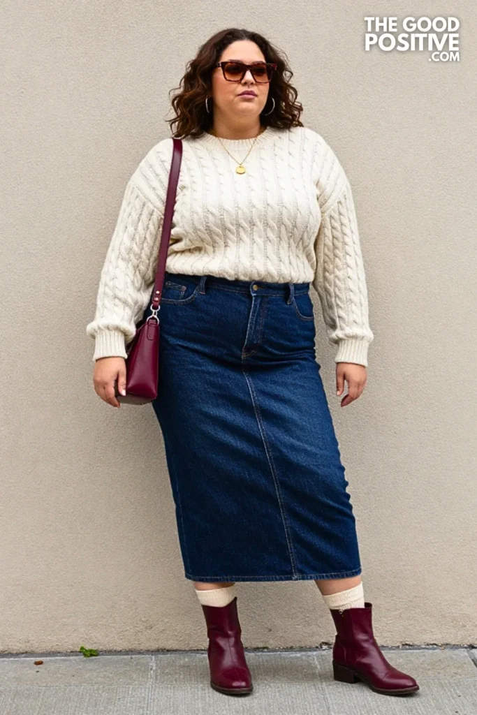 Buttercream Sweater With Denim Midi Outfit