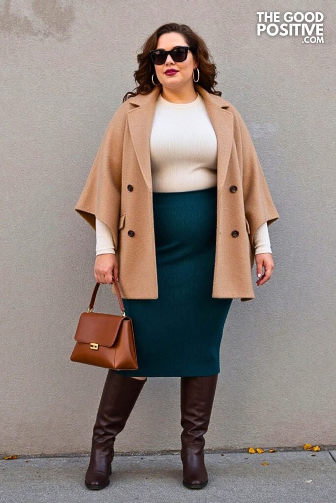 Camel Blanket Blazer with Deep Teal Knit Midi Skirt