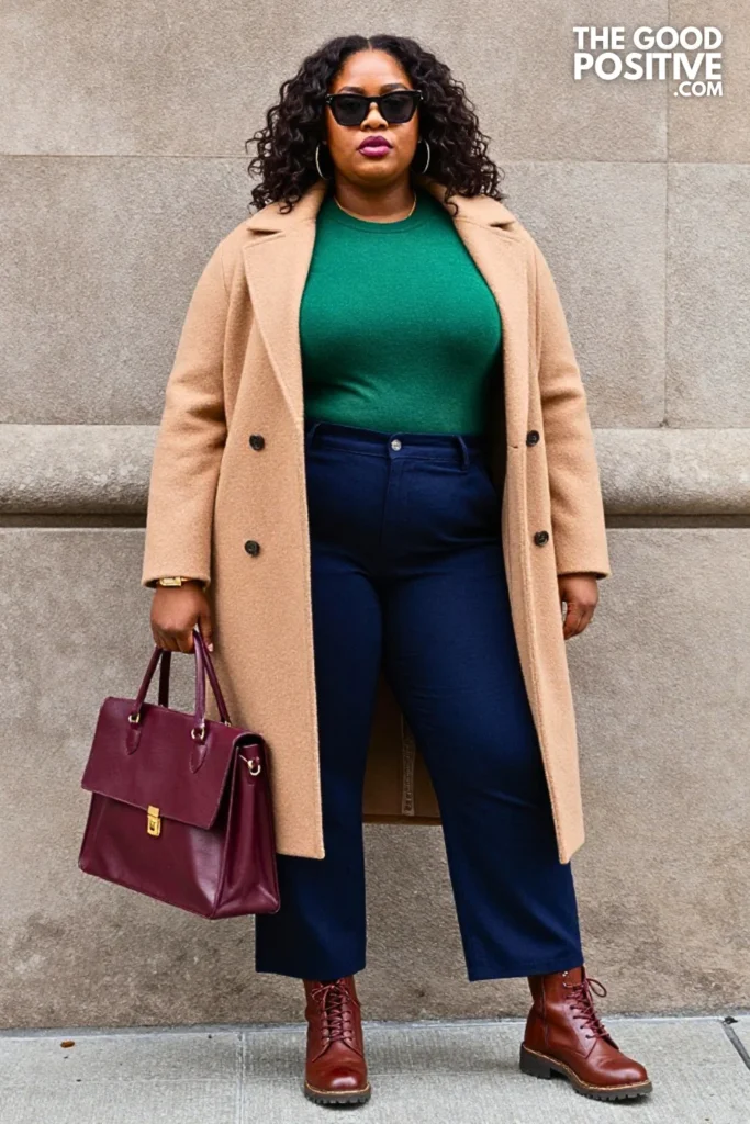 Camel Coat, Green Sweater, And Navy Trousers
