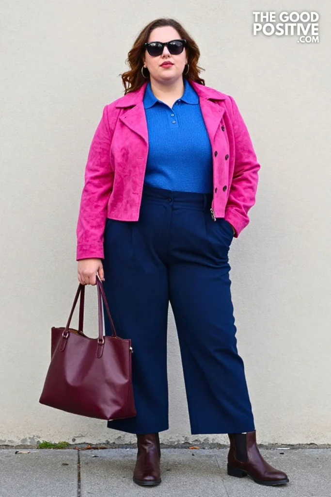 Camel Knit Polo, Ink-Blue Wide Trousers, and Suede Jacket