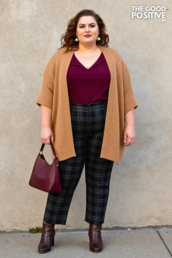 Caramel Knit Cape, Burgundy Blouse, And Charcoal Plaid Trousers
