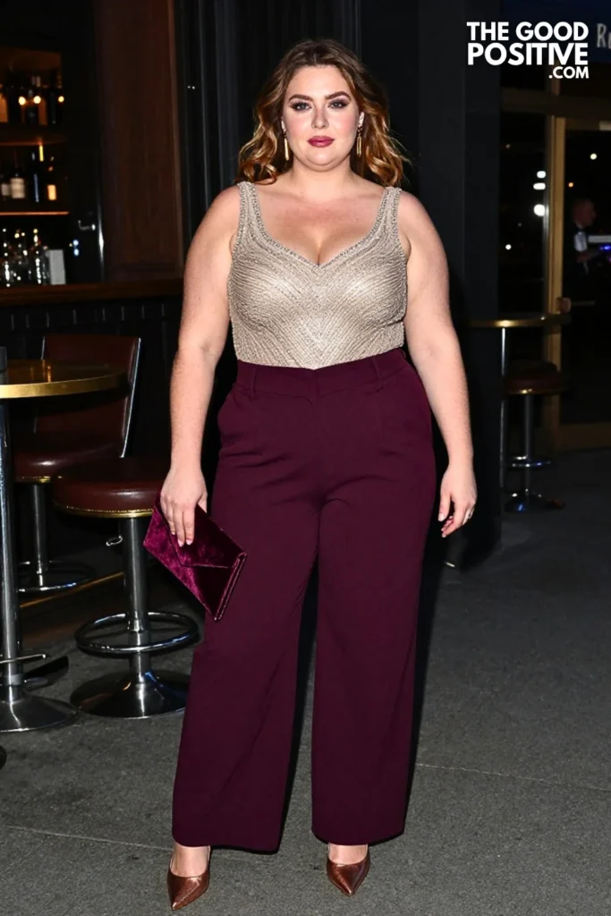 Champagne Beaded Top With Plum Wide-Leg Trousers