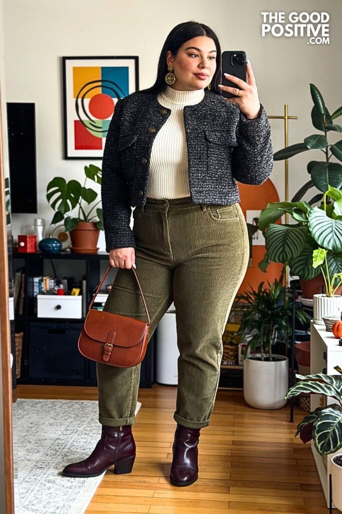 Charcoal Bouclé Jacket with Moss Straight-Leg Corduroy Pants