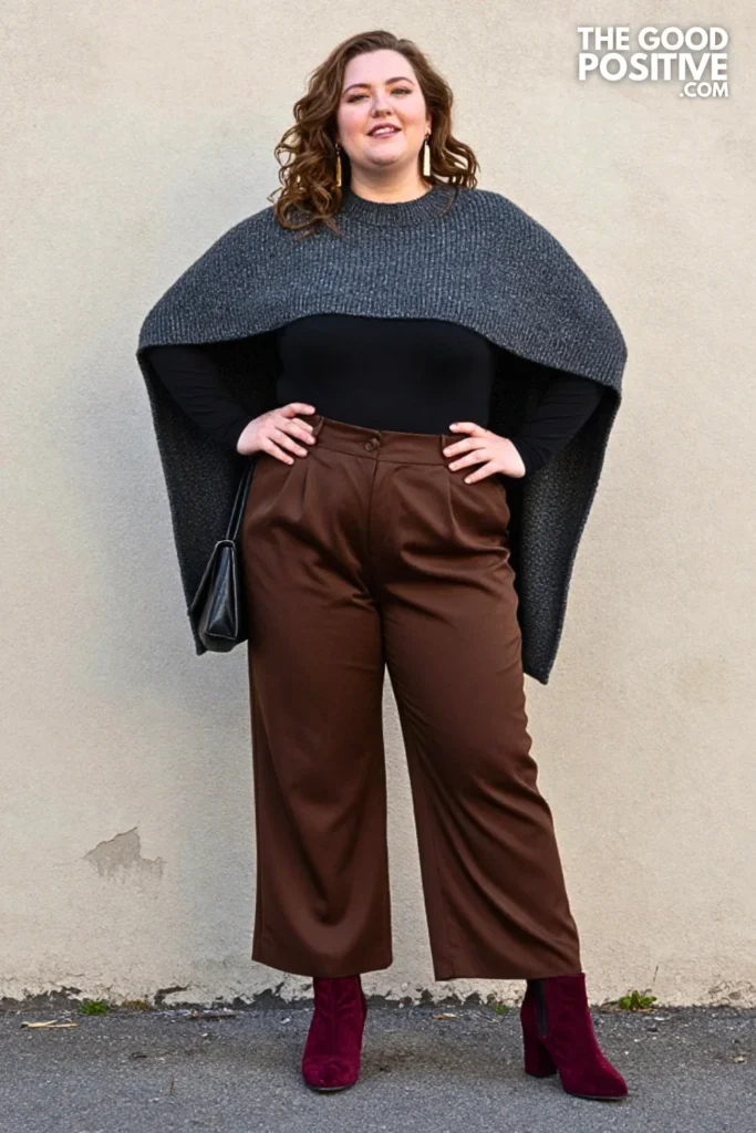 Charcoal Cape Knit, Satin Trousers & Heeled Boots