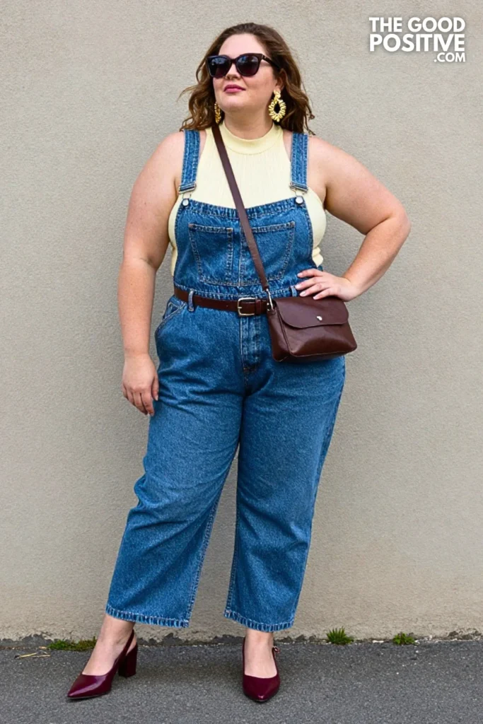 Charcoal Denim Jumpsuit, Butter-Yellow Mock Neck, and Burgundy Pumps