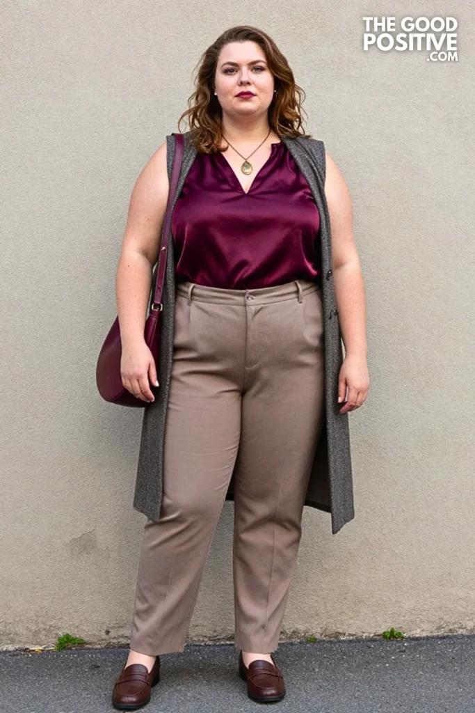 Charcoal Herringbone Tunic Vest And Wine Blouse