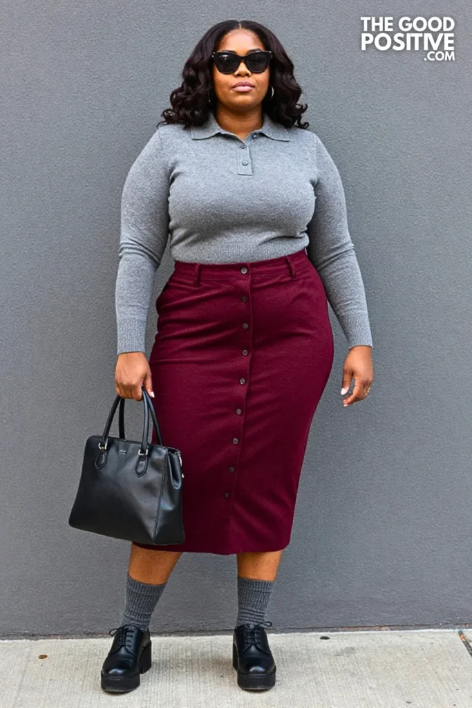 Charcoal Knit Polo, Burgundy Skirt, And Platform Oxfords
