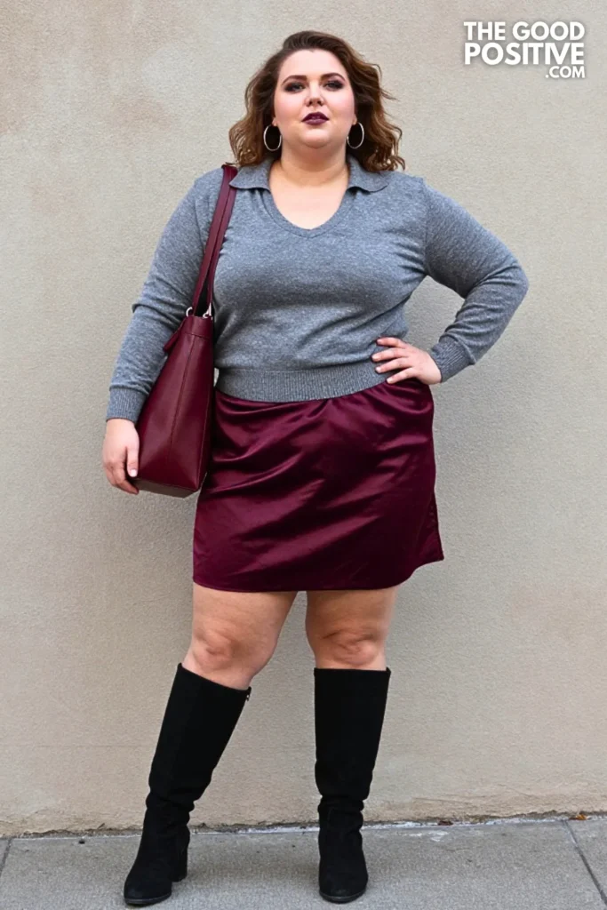 Charcoal Polo Sweater, Satin Midi Skirt & Riding Boots