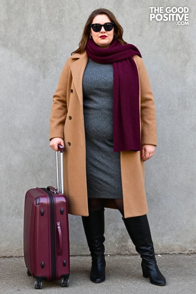 Charcoal Sweater Dress, Camel Coat, and Plum Accessories