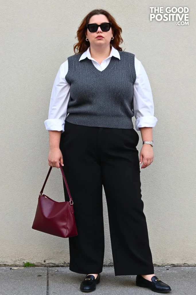 Charcoal Vest, White Oxford Shirt, And Wide-Leg Trousers