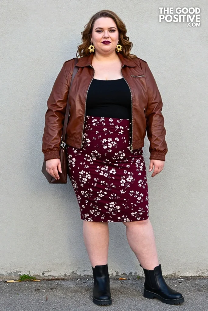 Chestnut Bomber, Floral Midi Skirt & Lug Boots