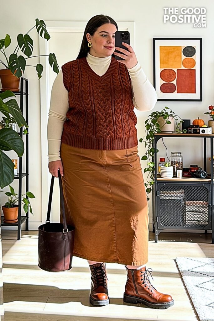 Chestnut Cable Vest with Cinnamon Poplin Maxi Skirt
