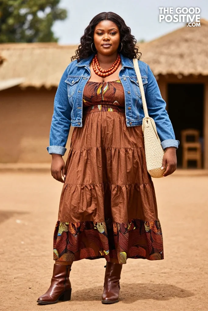 Chocolate Ankara Maxi With Cropped Denim Jacket