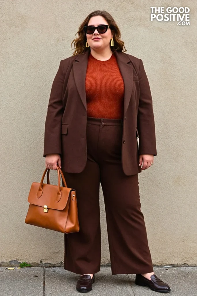 Chocolate Blazer, Rust Knit Top, And Pleated Trousers
