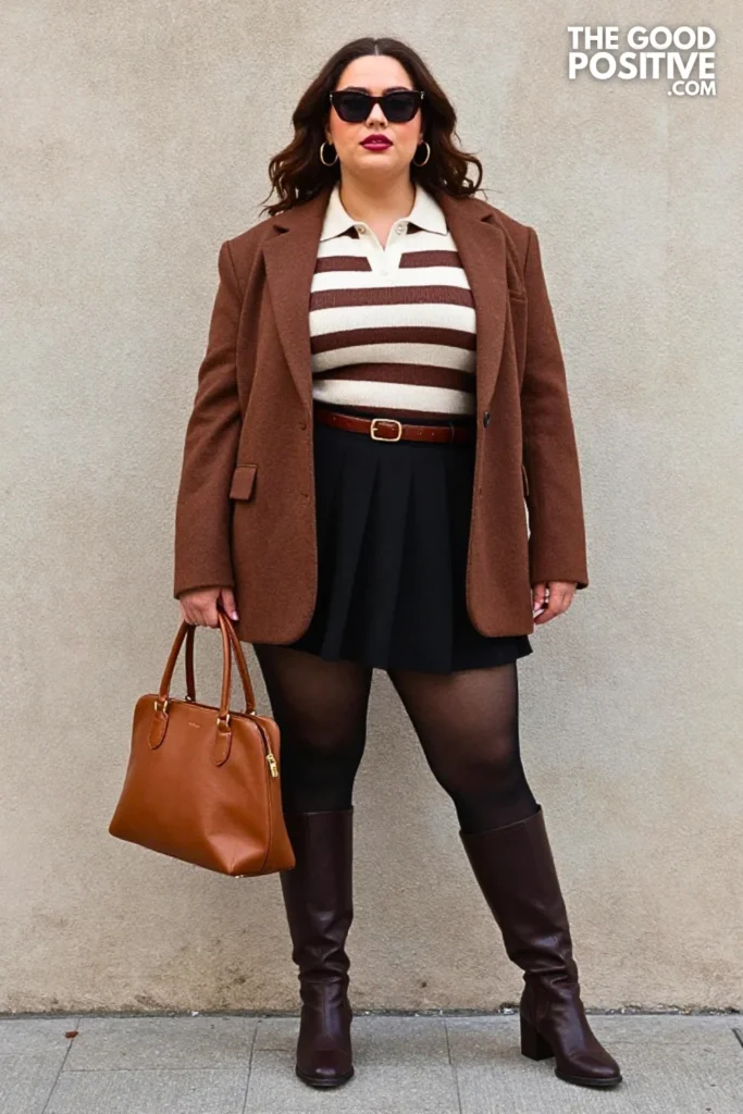 Chocolate Blazer With Pleated Mini Outfit