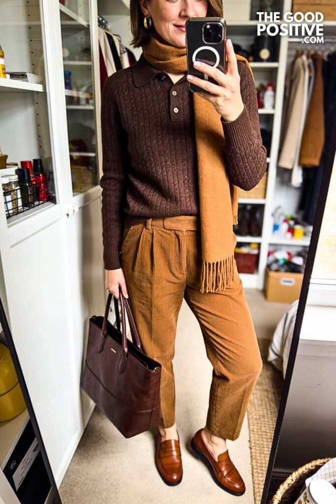 Chocolate Knit Polo with Tobacco Pleated Trousers