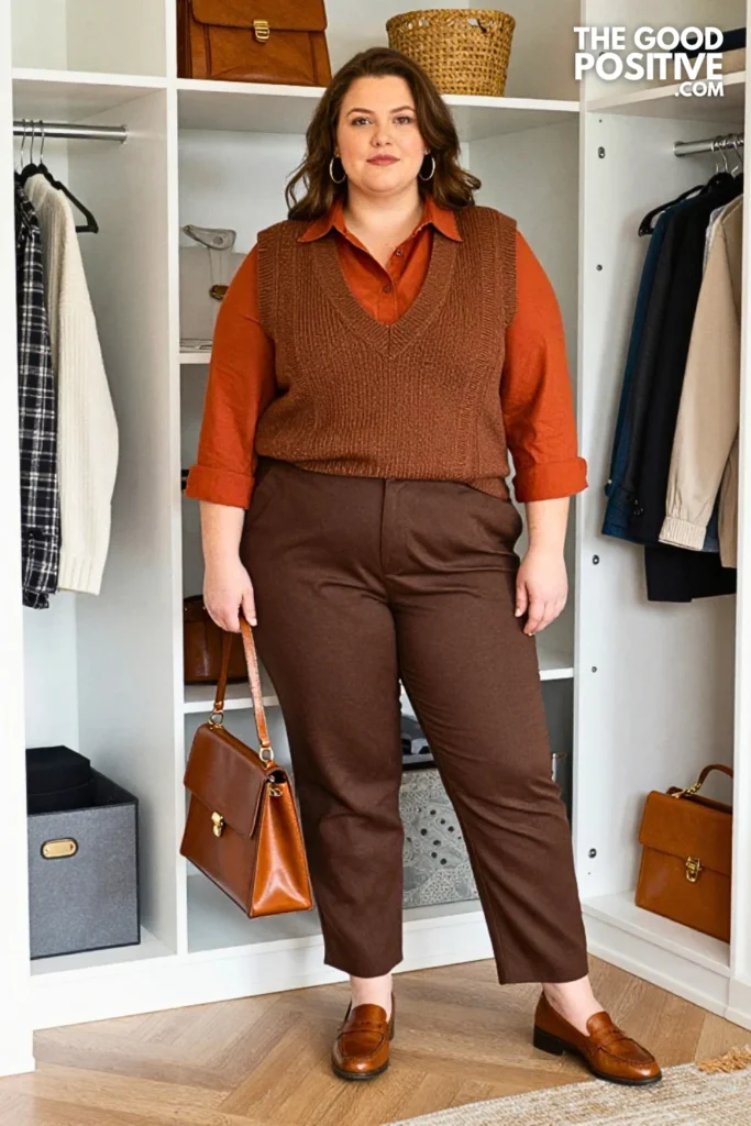 Chocolate Knit Vest With Rust Poplin Maxi Shirt