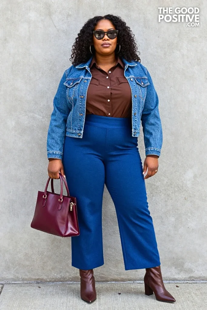 Chocolate Shirt, Cobalt Trousers, and Cropped Denim Jacket