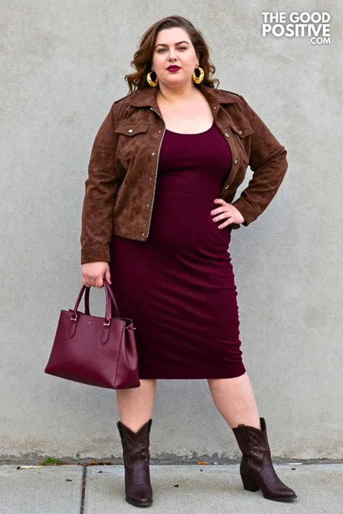 Chocolate Suede Jacket, Burgundy Knit Dress & Western Boots