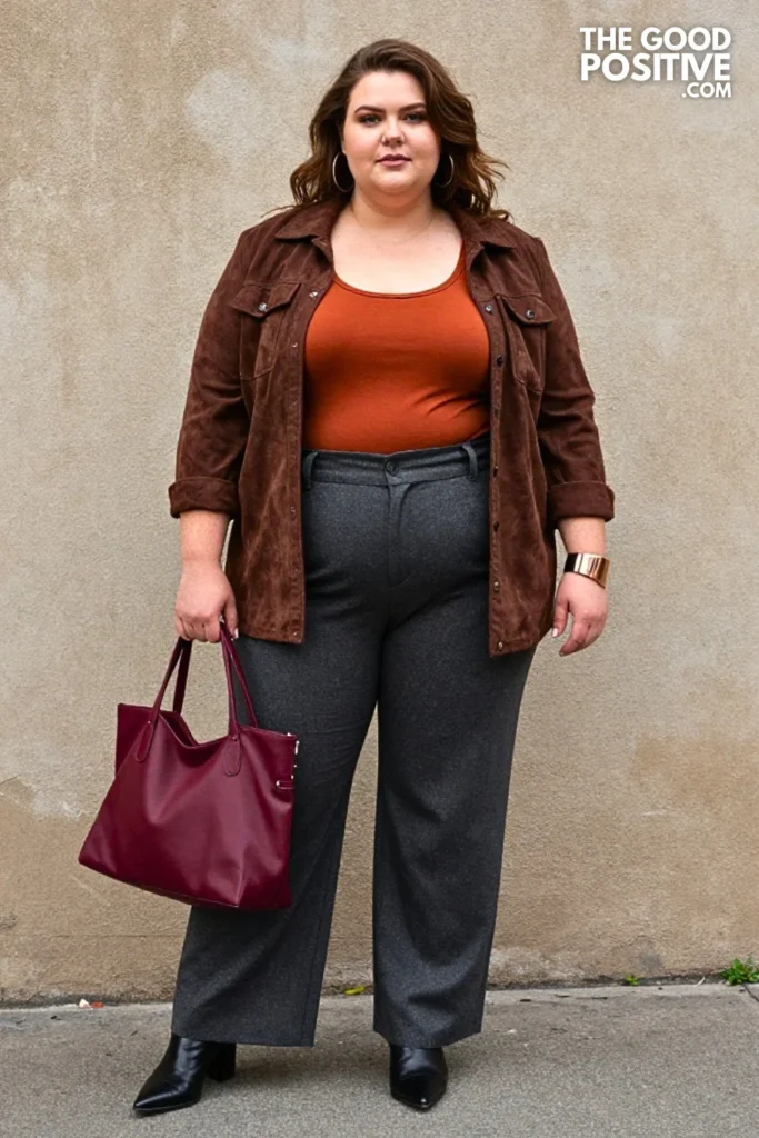 Chocolate Suede Shirt-Jacket And Charcoal Wide-Leg Trousers