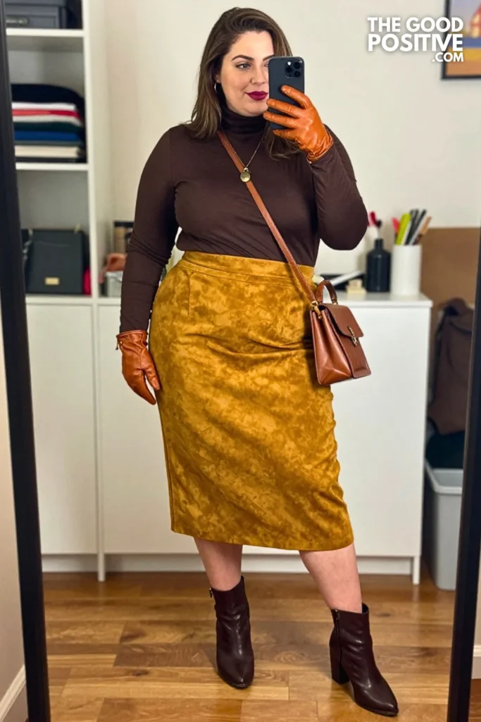 Chocolate Turtleneck With Deep Mustard Suede Midi Skirt