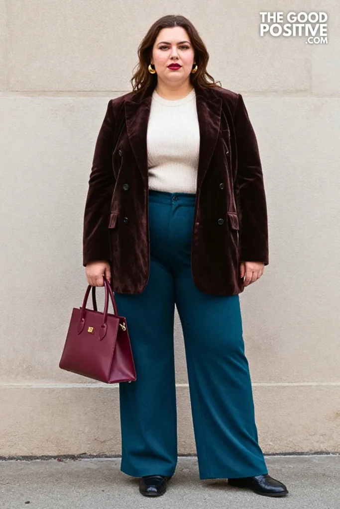 Chocolate Velvet Blazer, Teal Trousers & Loafers