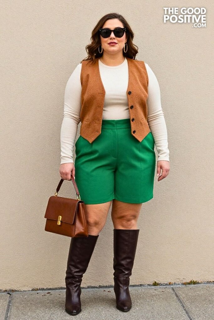 Cinnamon Bouclé Vest with Forest Green Tailored Shorts