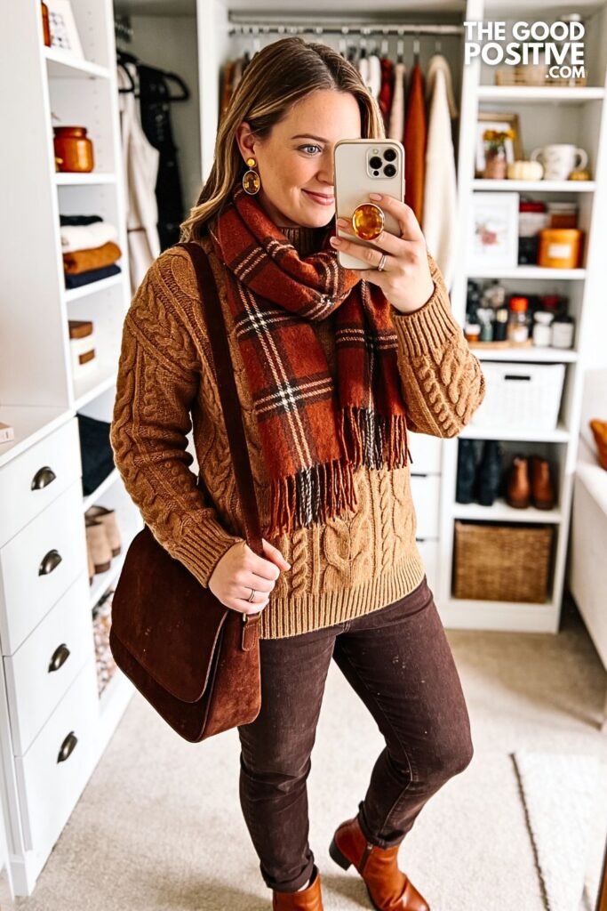 Cinnamon Cable Sweater with Espresso Barrel Jeans
