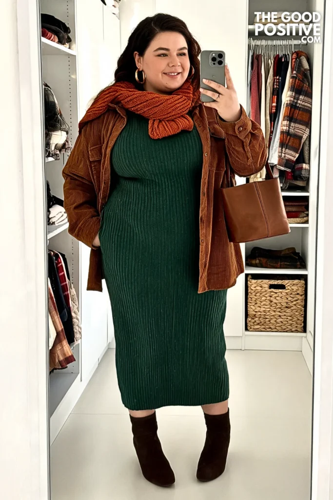 Cinnamon Corduroy Shirt Jacket With Deep Moss Knit Midi Dress