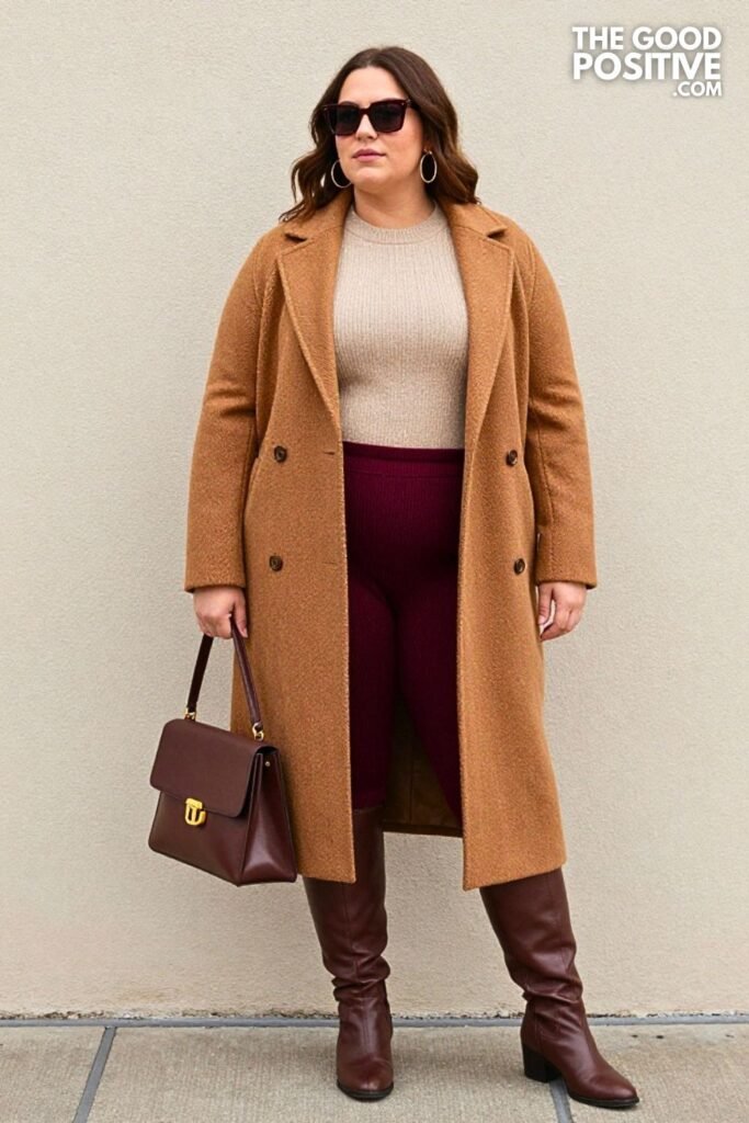 Cinnamon Herringbone Coat with Merlot Knit Culottes