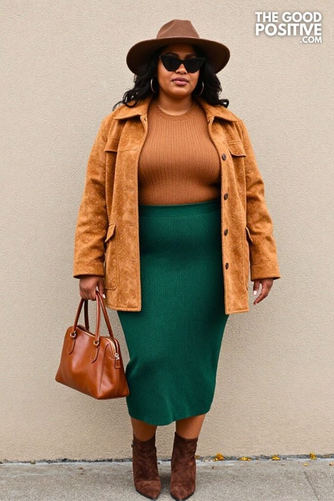 Cinnamon Jacquard Jacket with Forest Knit Column Skirt