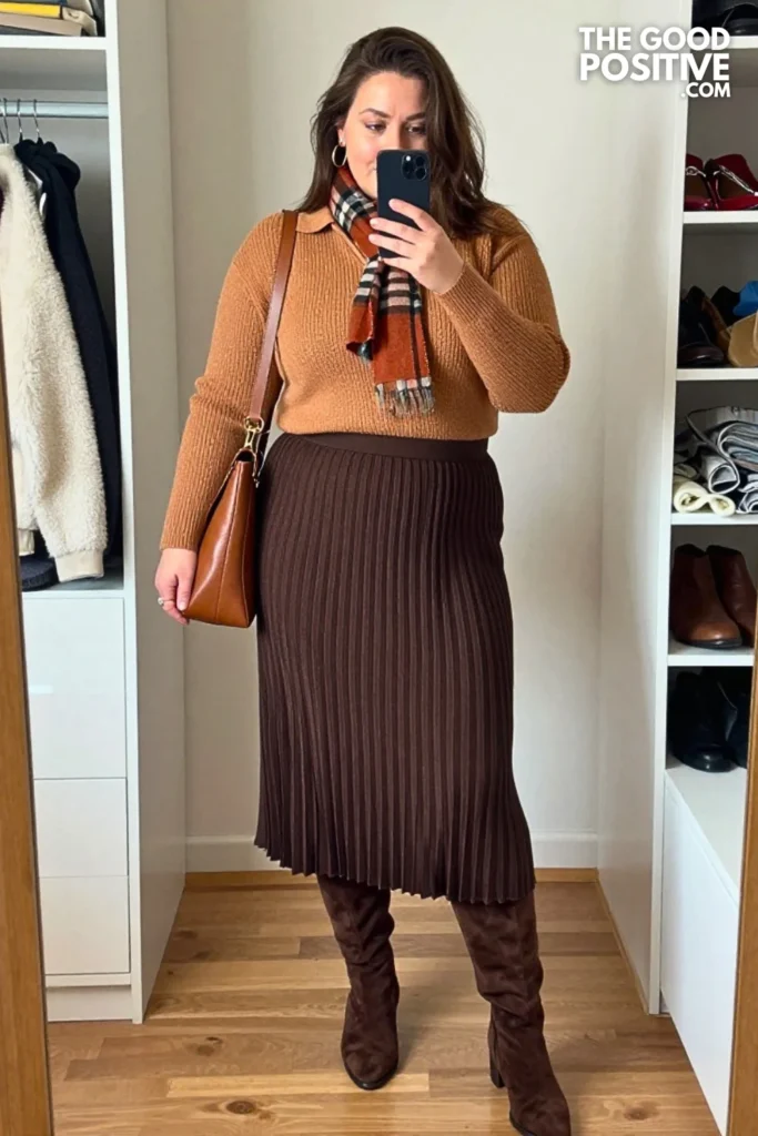 Cinnamon Knit Polo With Chocolate Pleated Midi Skirt