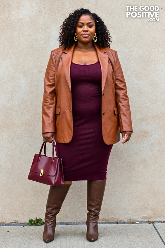 Cinnamon Leather Blazer, Plum Knit Dress, And Knee-High Boots