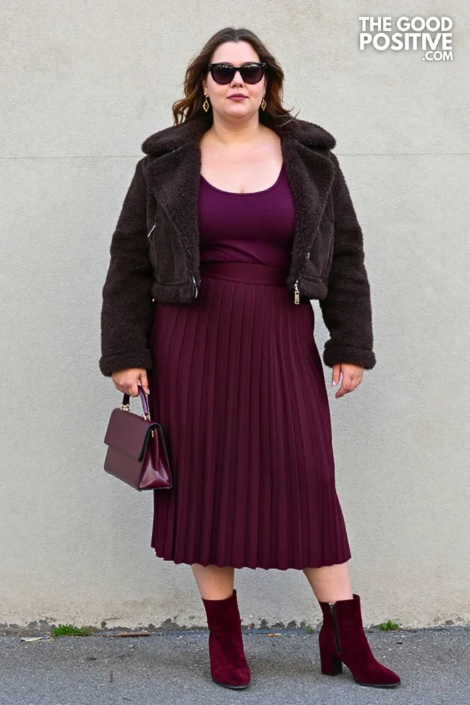 Cinnamon Pleated Midi Skirt And Deep Plum Sweater