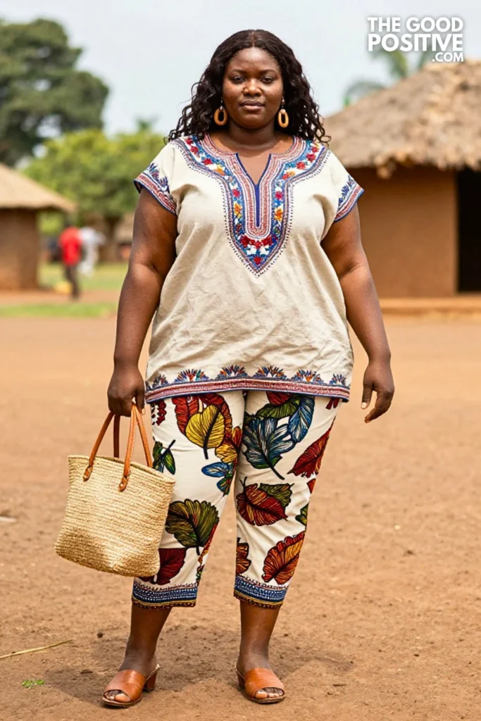 Clay Embroidered Tunic With Cream Ankara Trousers