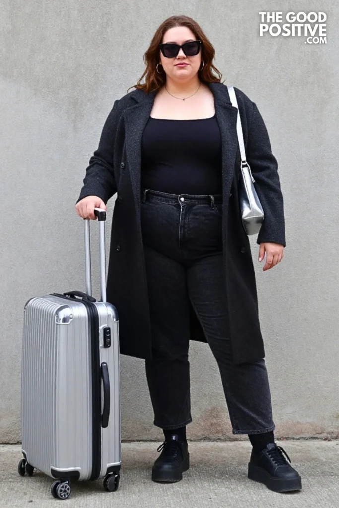 Coated Black Jeans, Cropped Cardigan, and Metallic Bag