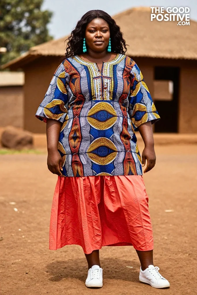 Cobalt Ankara Tunic With Coral Geometric Midi Skirt