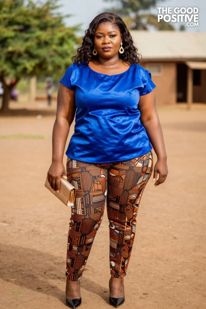 Cobalt Blouse With Bronze Geometric Ankara Trousers