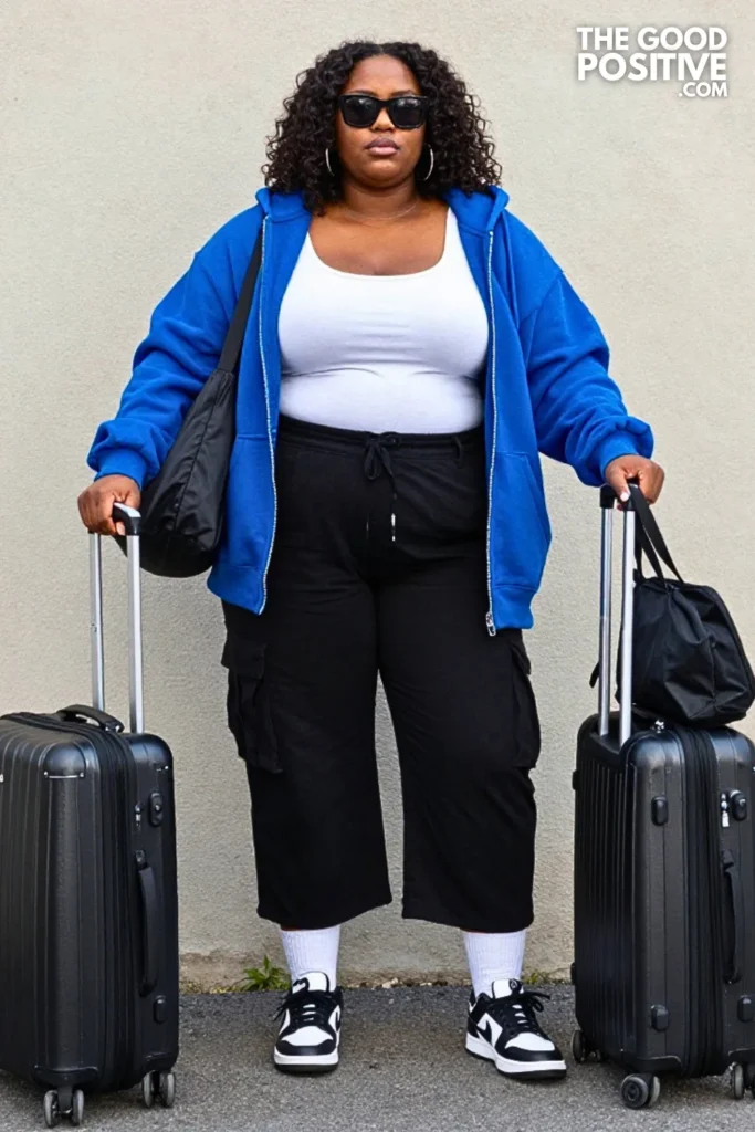 Cobalt Hoodie, Cargo Pants, and Retro Sneakers
