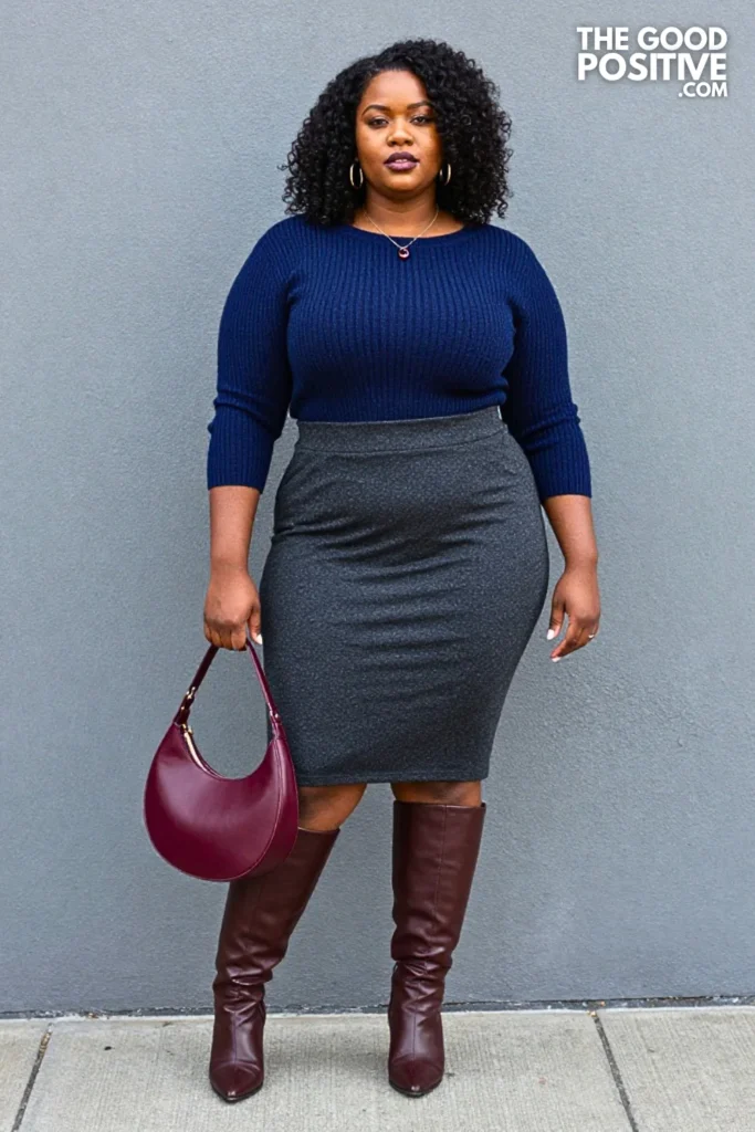 Cobalt Ribbed Sweater, Charcoal A-Line Skirt, And Tall Boots