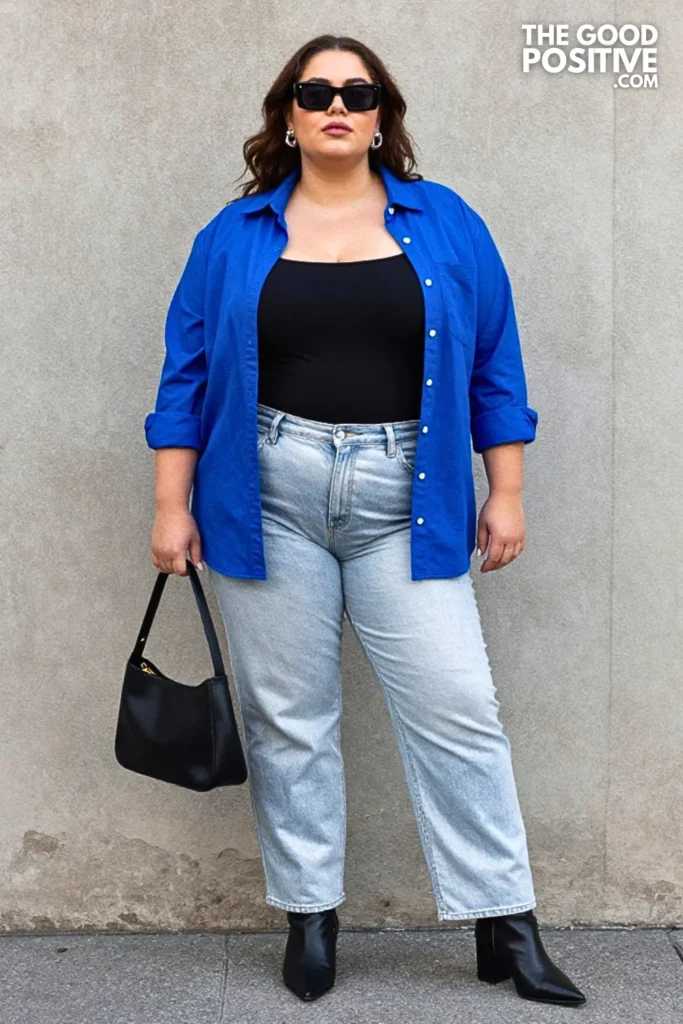 Cobalt Shirt With Silver Denim Outfit