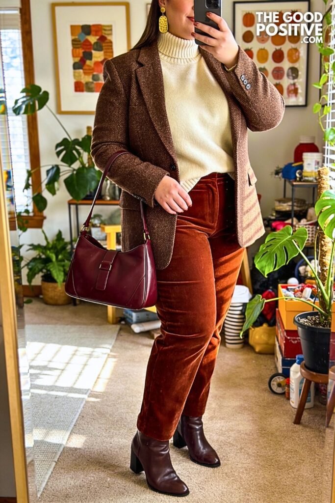 Cocoa Herringbone Blazer with Copper Velvet Pull-On Trousers