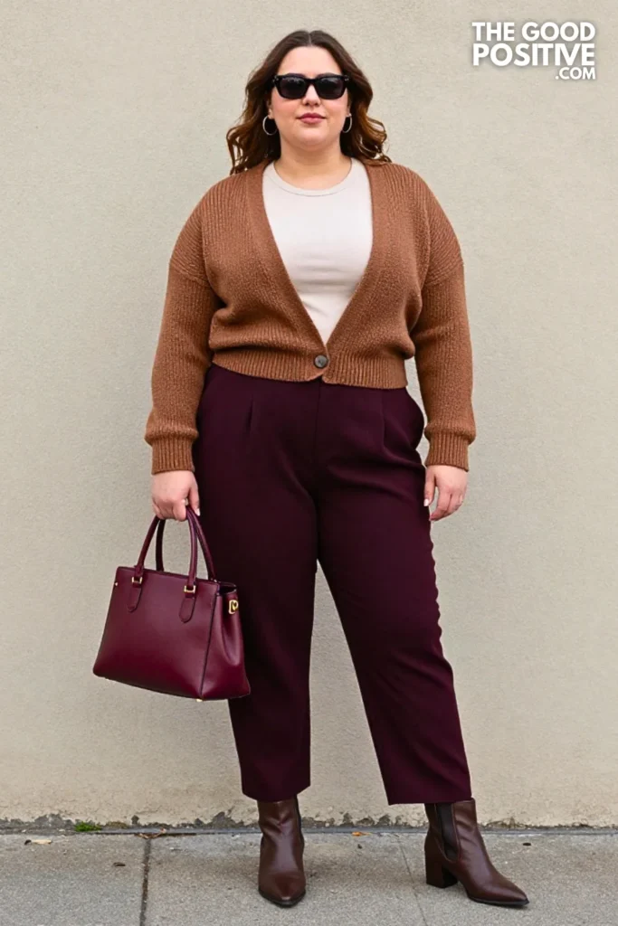 Cocoa Sculpted Jacket, Plum Barrel Trousers, and Burgundy Accessories